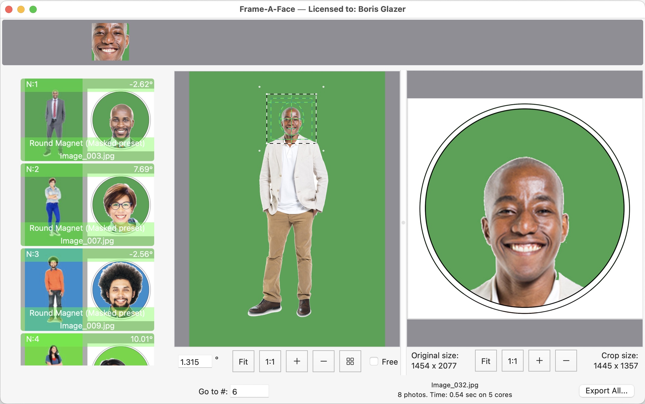Frame-A-Face Interface: Main window with masked preset
