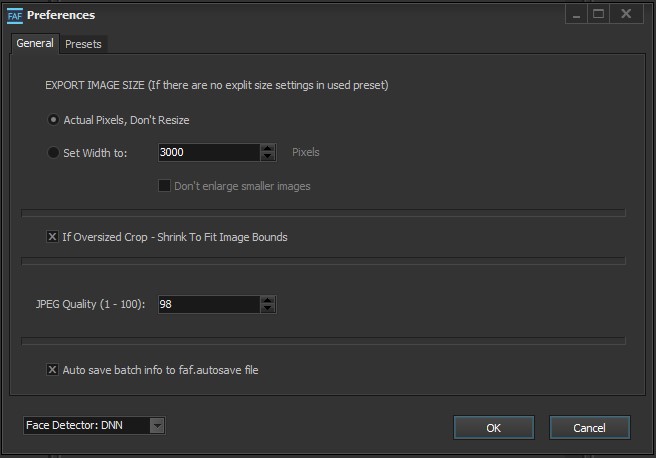 Frame-A-Face Preferences General tab